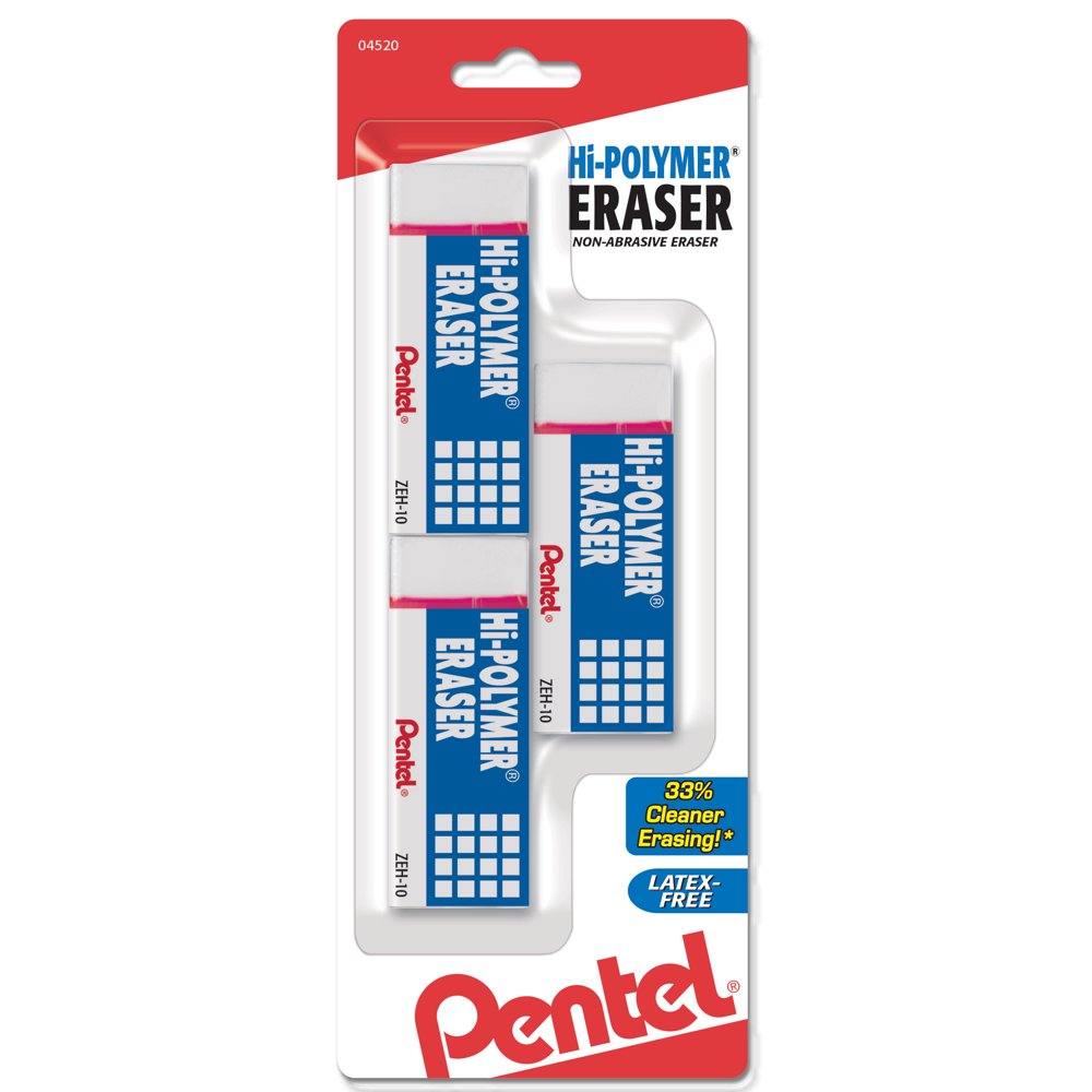 Pentel HiPolymer Block Eraser, Large White Erasers 3Pk