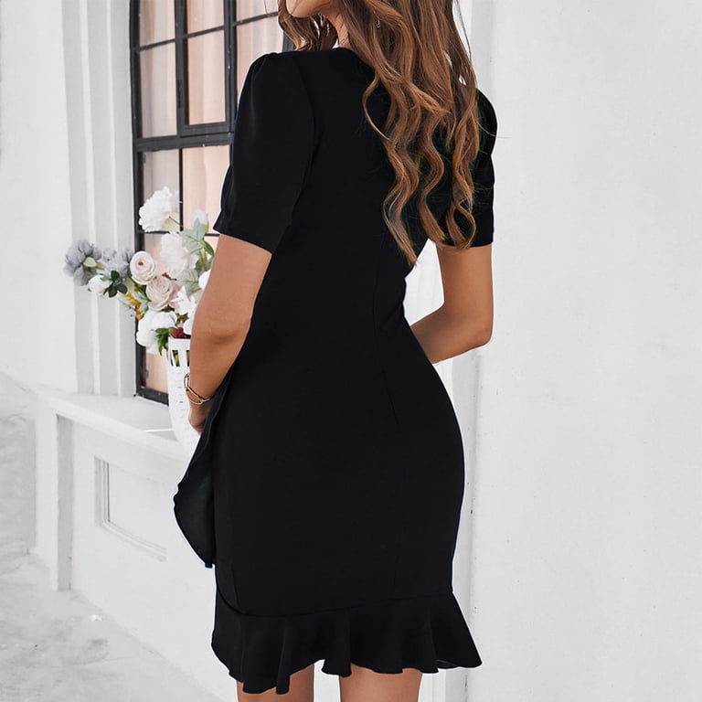 Womens Crew Neck Tiny Puff Short Sleeve Bodycon Dress Side Ruched Detail Asymmetrical Ruffle Flounce Party