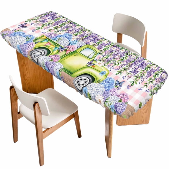 Blue Purple Floral Table Cloths for 8 Foot Rectangle Tables, Spring Hydrangea Flower Truck Pink Plaid Patio Waterproof Elastic Fitted Tablecloths, Washable Rectangular Table Cover for Camping