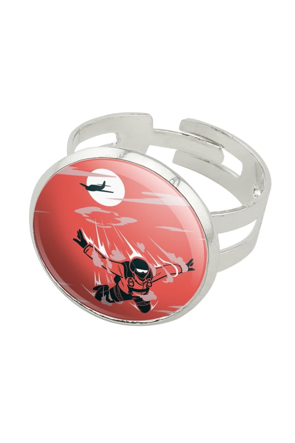Skydiver Skydiving Out of Plane Silver Plated Adjustable Novelty Ring