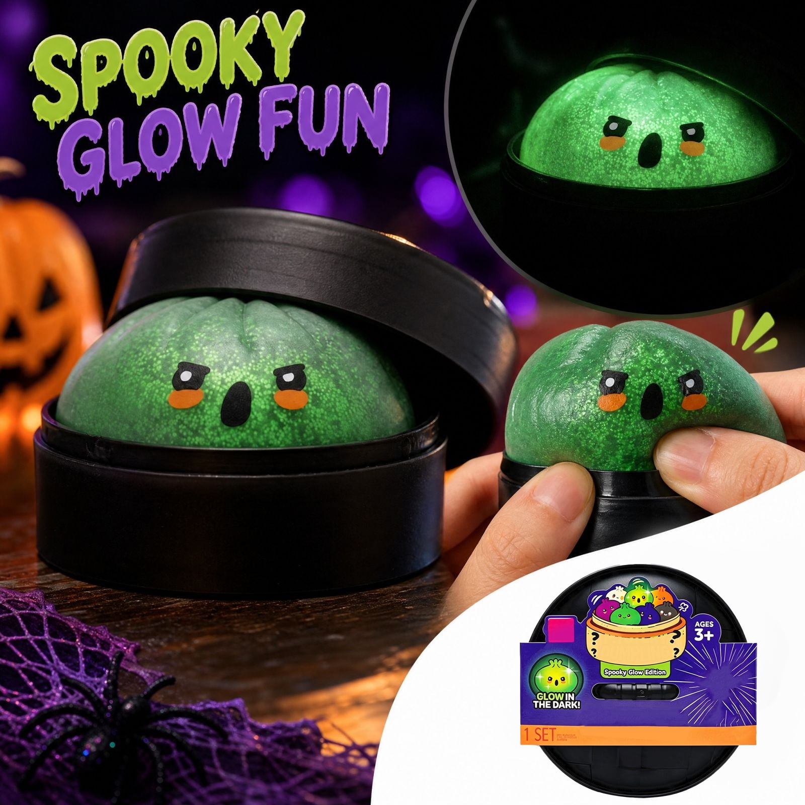 Glow in The Dark Dumpling Squishy Toy with Steamer Basket 1 Set Green Spooky Ghost Face for Kids Ages 3+ Halloween Squeeze Toy