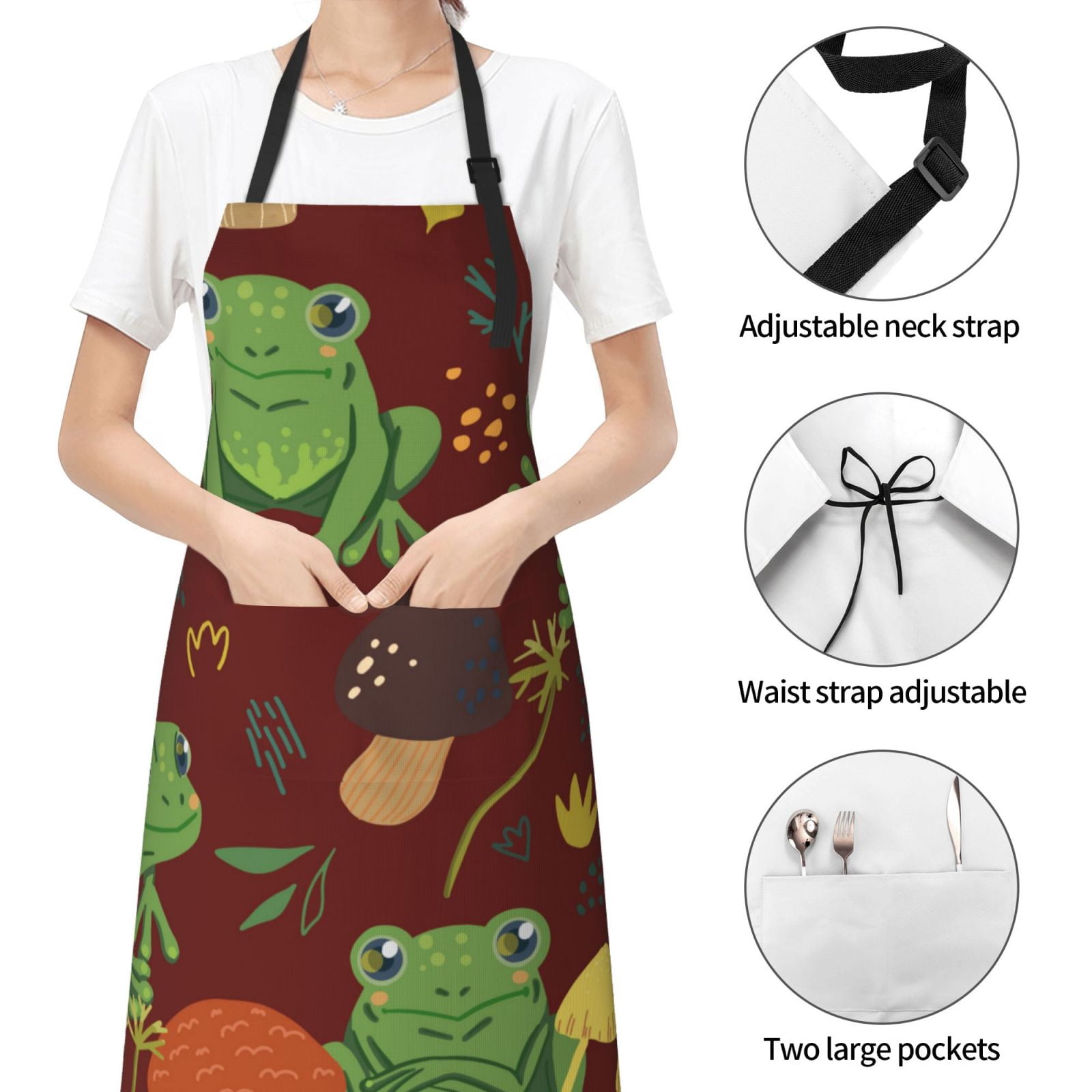 Kdxio Frogs and Mushrooms Apron with Pockets Adjustable Kitchen Aprons for Men Women Waterproof Aprons for Cooking,Drawing,Crafting, Baking Household Cleaning