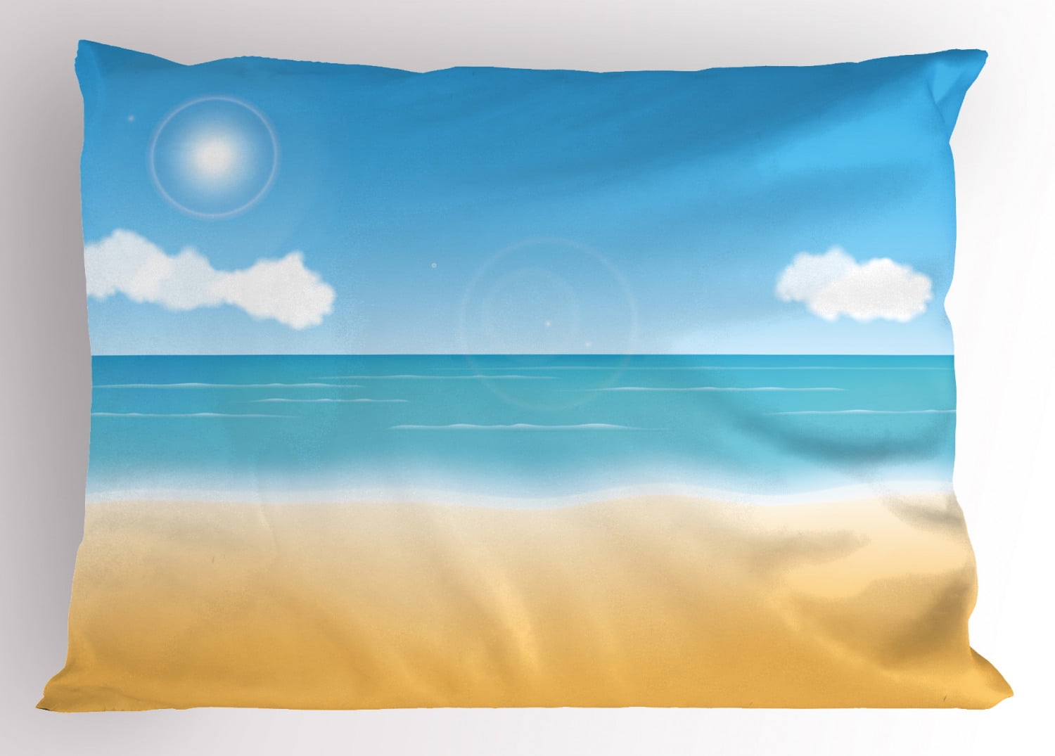Beach Pillow Sham Seascape with Sunny Sky and Clouds Relax Summer Day Illustration, Decorative Standard Queen Size Printed Pillowcase, 30 X 20 Inches, Sky Blue White and Sand Brown, by Ambesonne