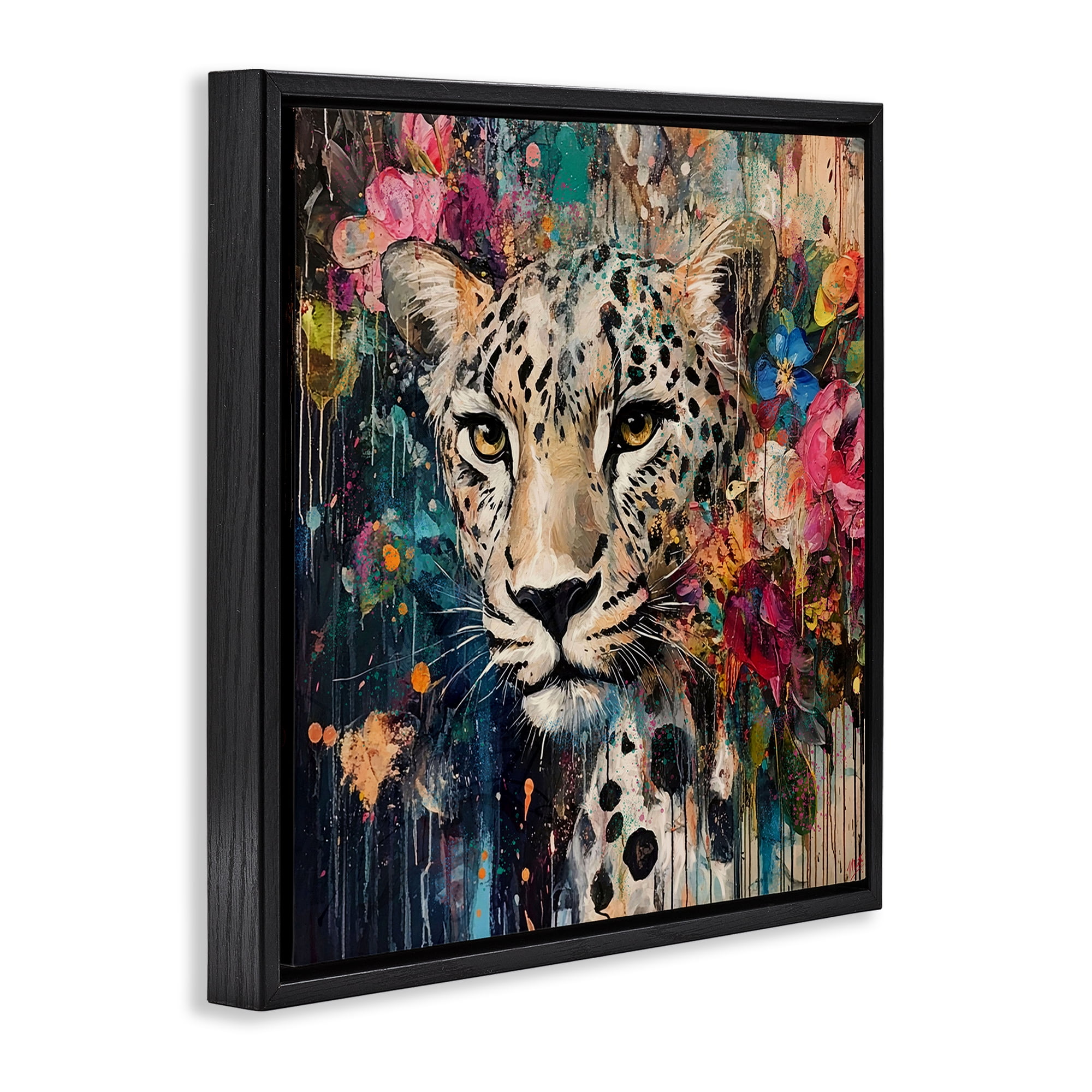 Stupell Industries Cheetah & Exotic Blooms Black Framed Floater Canvas Wall Art, design by Marta Wiley