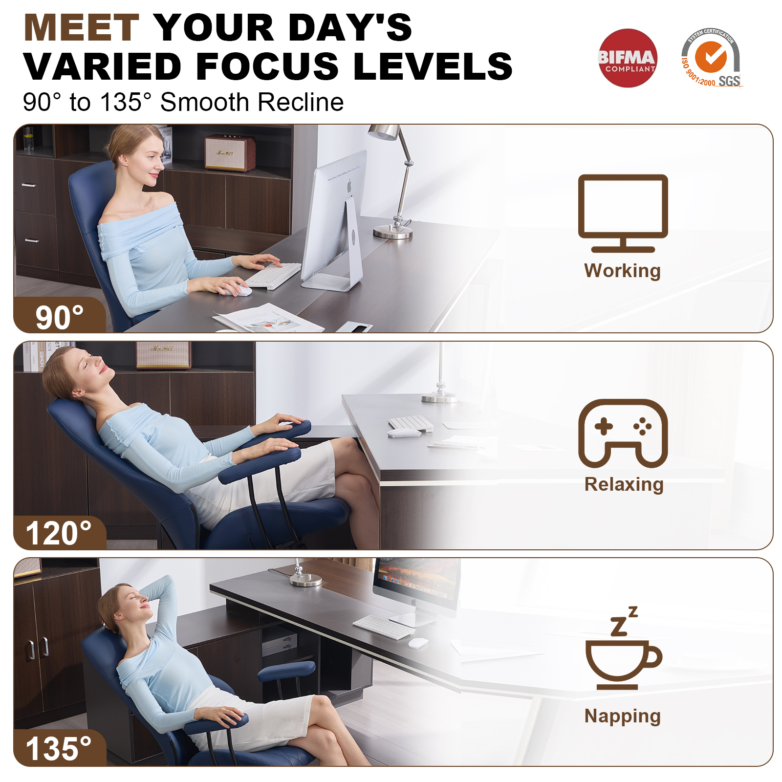 E-Motie Home Office Desk Chair, Ergonomic High Back Leather Computer Chair with Lumbar Support, Adjustable Height & Recline, Swivel Executive Office Chair with Armrests and Rubber Casters, Blue