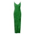 thumbnail image 3 of Sequin Cocktail Dress for Women Wedding Guest High Split Spaghetti Strap Slimming Dress V Neck Maxi Prom Party Ball Gown Green M, 3 of 5