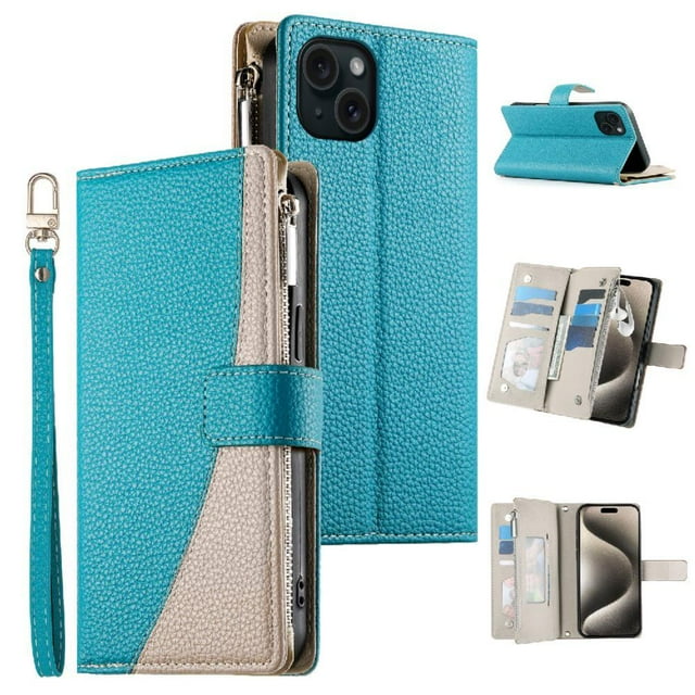 Funda cartera GANGXUN para iPhone 15 Plus , cuero PU con tarjetero, cremallera, correa de mano, soporte y protección 810°