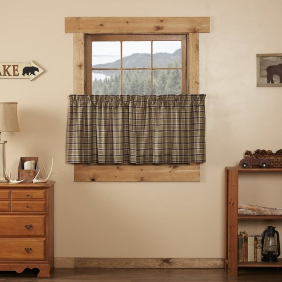 VHC Brands Rustic & Lodge Kitchen Window Curtains - Wyatt Tan Tier Pair, Set 24x36