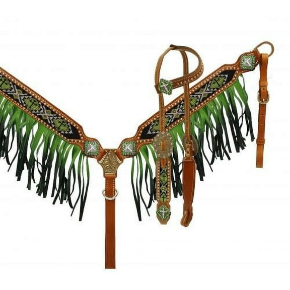 Showman Leather Bridle & Breast Collar Set w/ Beaded Cross Design & Fringe (Lime)