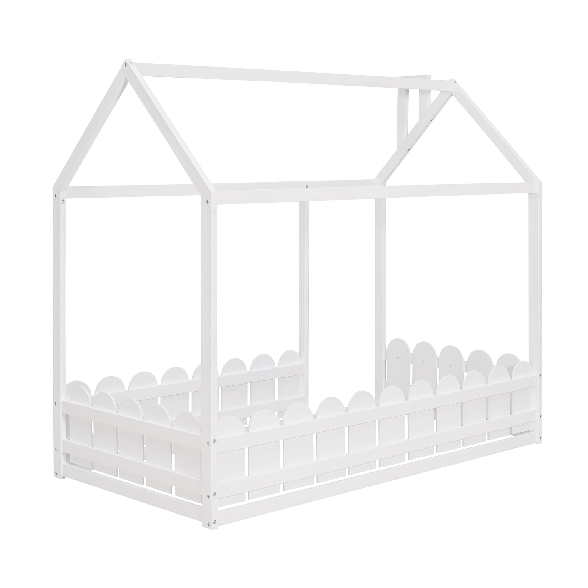 Bellemave Twin Size House Bed, Montessori Floor Bed with Fence , Wooden Twin Bed Frame , White