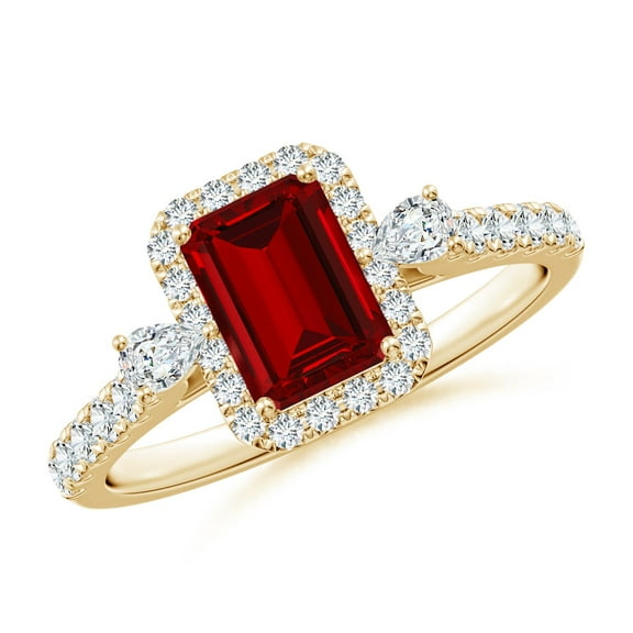 ANGARA Emerald-Cut Lab Grown 1 Ct Ruby Halo Side Stone Engagement Ring in 14K Yellow Gold for Women (Size-7x5mm) | July Birthstone, Birthday, Anniversary, Jewelry Gift for Women | Lab Grown Ruby Ring