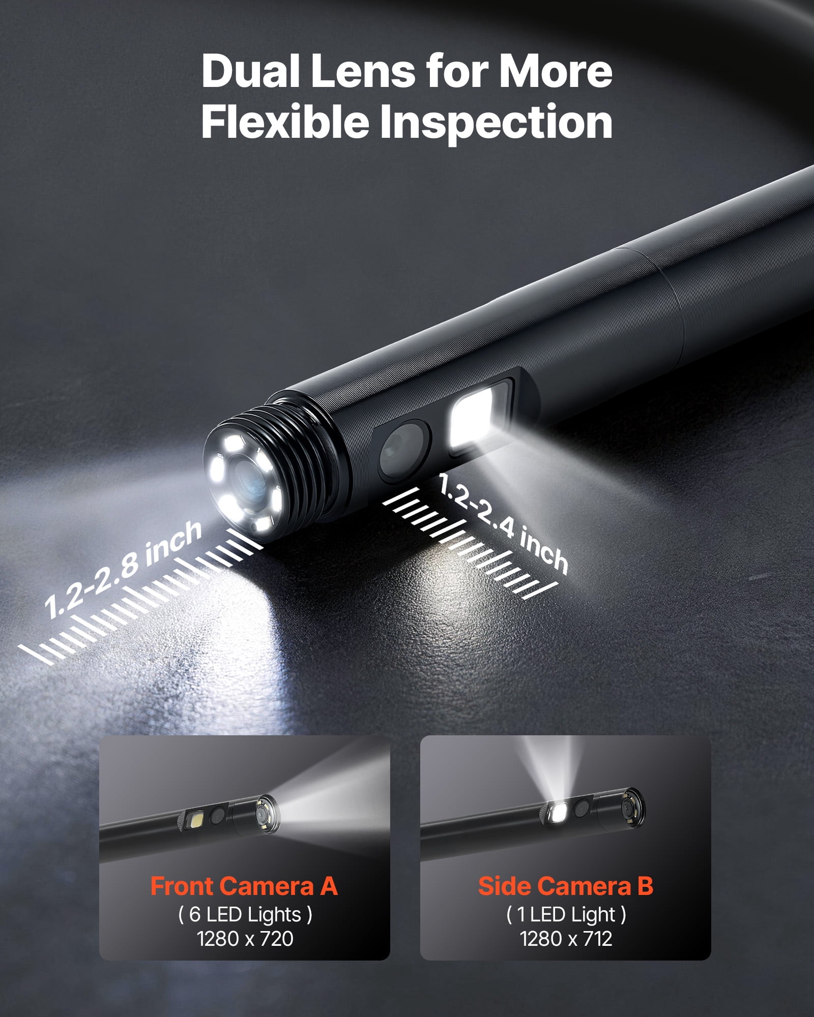VEVOR Dual Lens Endoscope with Light, 5" HD IPS Screen Industrial Borescope Camera, 0.22-inch Slim Lens, 8X Zoom, IP67 Waterproof Inspection Snake Camera for Automotive, Plumbing (16.4FT Rigid Cable)
