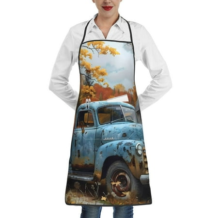 

Pofeuu Rustic Vintage Truck Autumn Print Aprons with Pockets Cute Aprons for Kitchen Cooking Server Barber Chef Apron