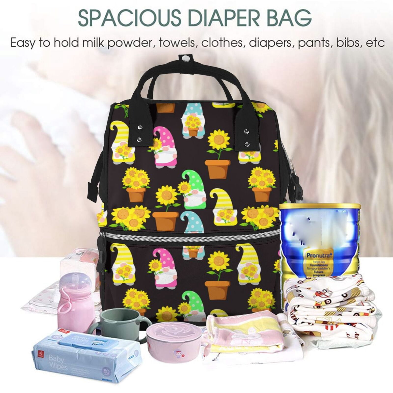 Fuzoiu Gnomes With Sunflowers Print Diaper Bag Backpack,Baby Essentials Travel Tote,Multi function Waterproof Diaper Bag, Travel Essentials Baby Bag - Unisex