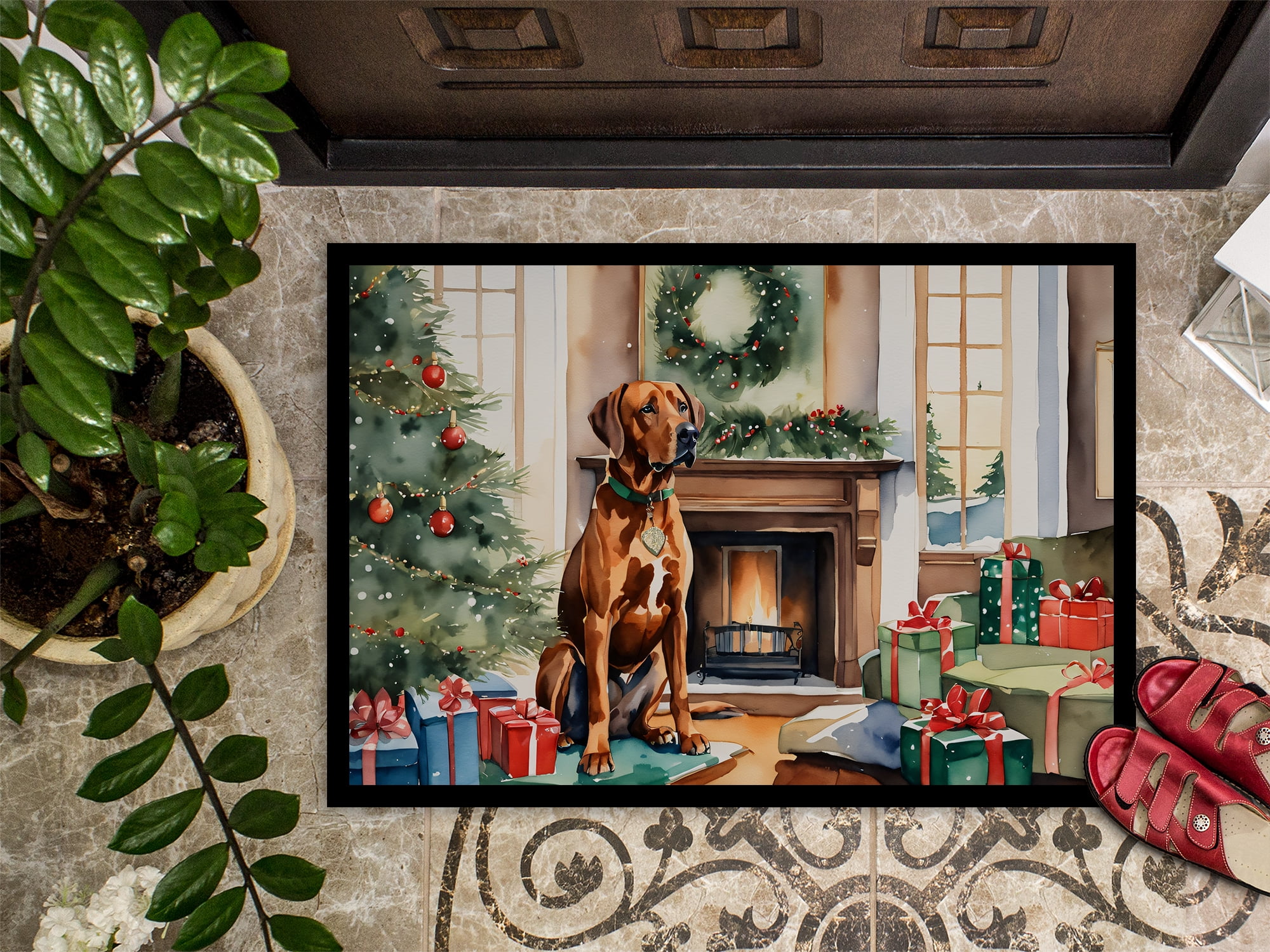 Carolines Treasures DAC2735MAT 0.15 x 18 x 27 in. Rhodesian Ridgeback Cozy Christmas Doormat