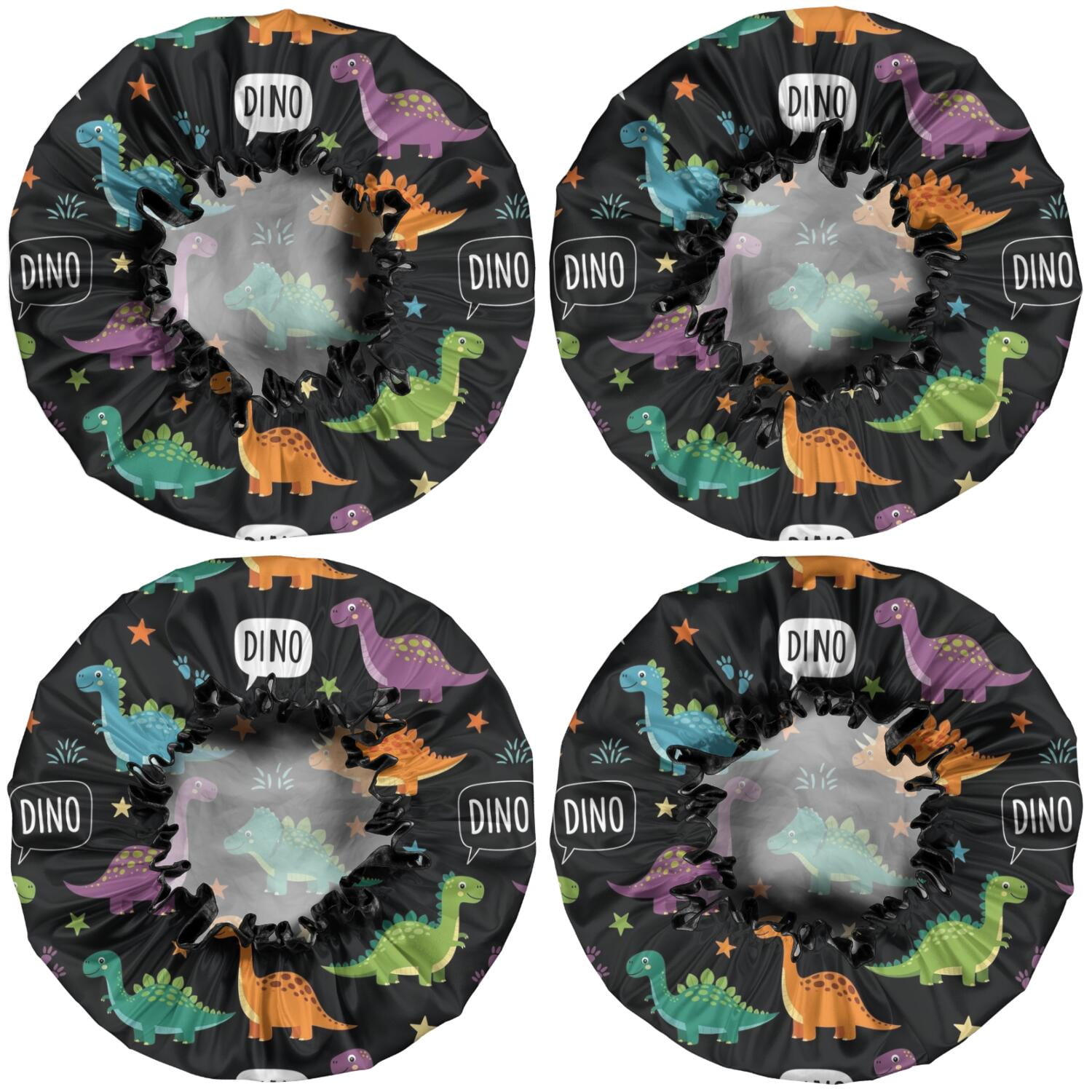 Shower Caps,Black Dinosaurs Speech Bubbles Pattern Waterproof Shower Cap for Women 4 Pieces,Double Reusable Hair Cover for Shower PEVA Elastic Stretch Hem