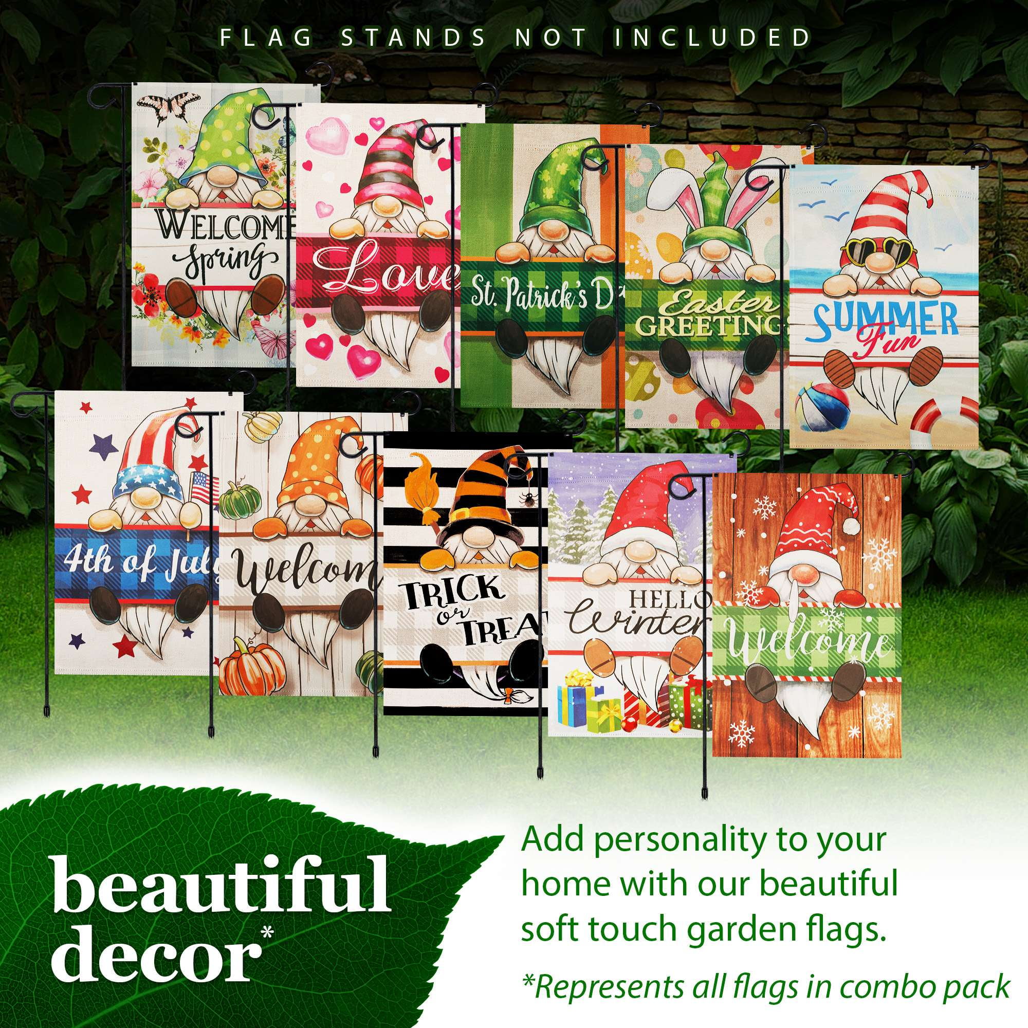 G128 Garden Flags Set of 10 Double Sided 12"x18" Seasonal Holiday Flag Gnomes Yard Garden Lawn Decoration