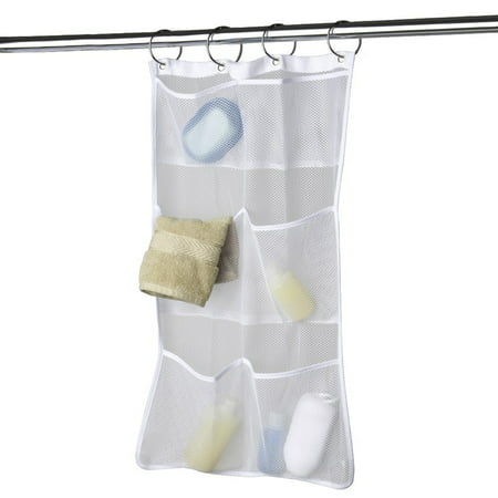 TSV Mesh Shower Caddy Curtains Organizer - Hanging Bathroom Shower Curtain Rod/Liner Hooks Accessories with 6 Pockets Save Space in Small Bathroom Tub 4 Rings (6 Pockets,