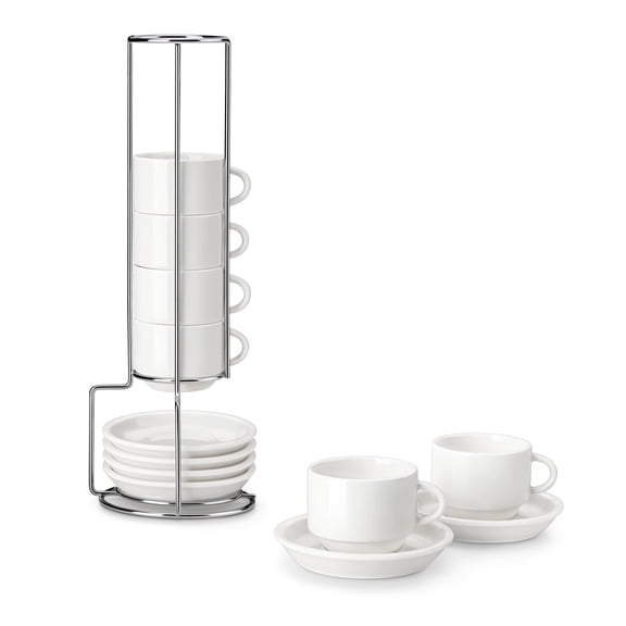malacasa Coffee Mug Set, Espresso Mugs Cups Set of 6, 2.5oz Porcelain Stackable Espresso Cups with Saucers and Metal Stand for Cappuccino, Coffee Drinks, Latte, Tea
