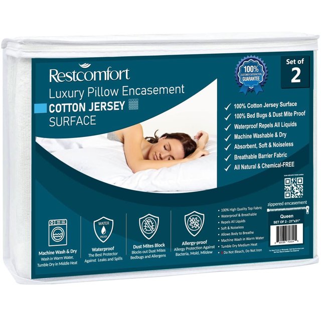 Rest Comfort Cotton Jersey Zippered Pillow Case Protector, Queen Size 2