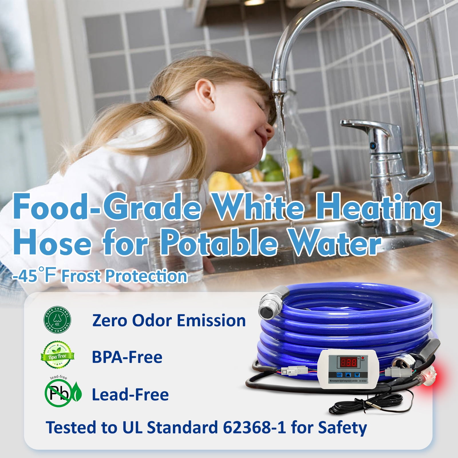 OEBLD Heated Water Hose for RV 50’, Replaceable Digital Display Thermostat, Freeze Protection Down to -45℉, Camper Garden Hose Heater