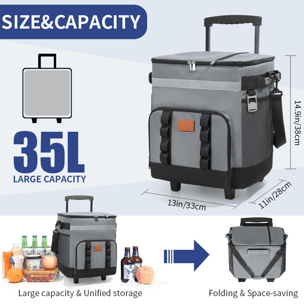 Rolling Cooler, 32QT Ice Chest Rolling Cooler with Wheels and Handle, Soft Sided Leakproof Soft Cooler Bag for Beach Camping Patio Travel Outdoor, Gray