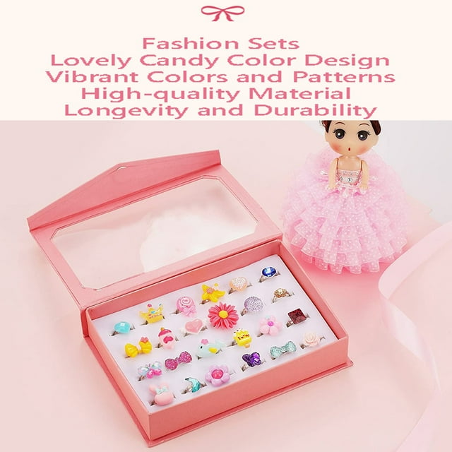 Daisyyozoid Wholesale Little Girl Jewel Rings in Box, Adjustable, No Duplication (24 Lovely Ring)