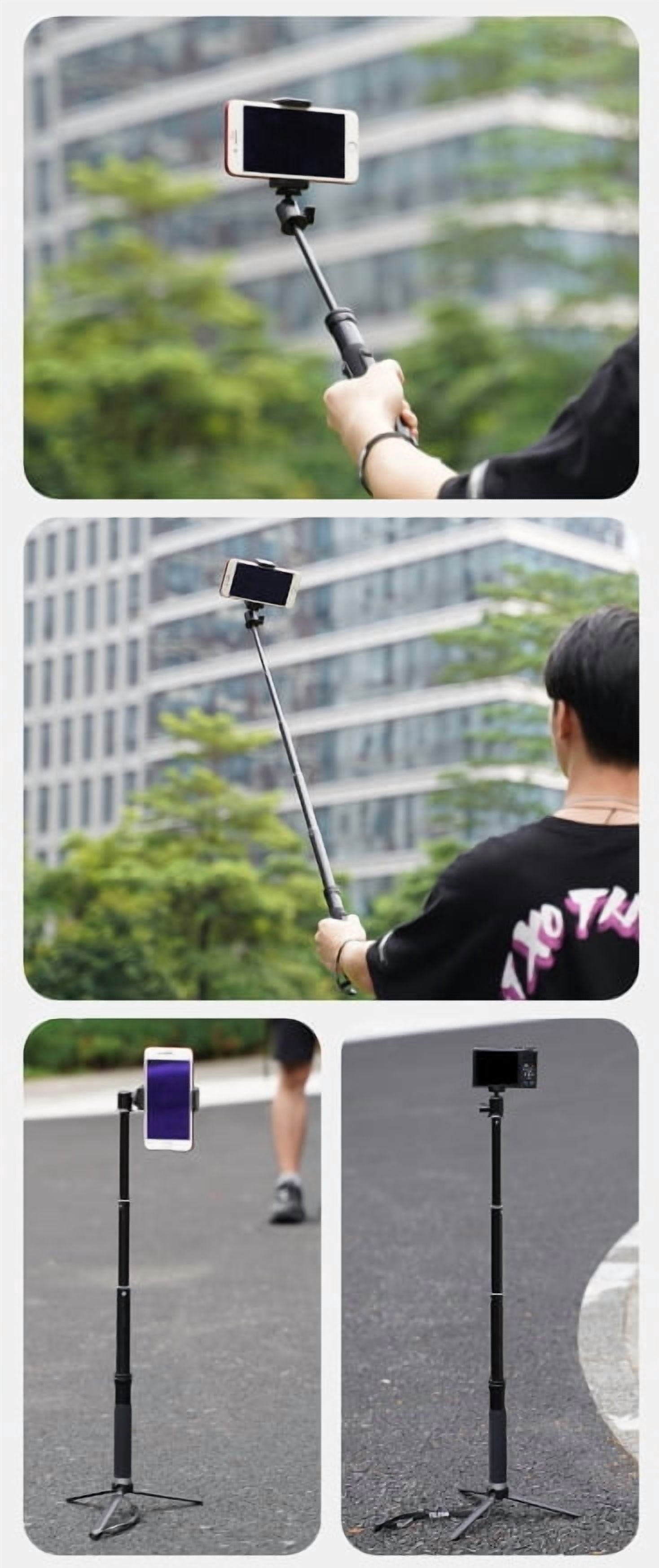 Aluminum Alloy Travel Tripod Stick - Bigcan Extendable Selfie Stand with Phone Mount and 1/4 Screw Adapter for Camera Action Cam Vlog Recording