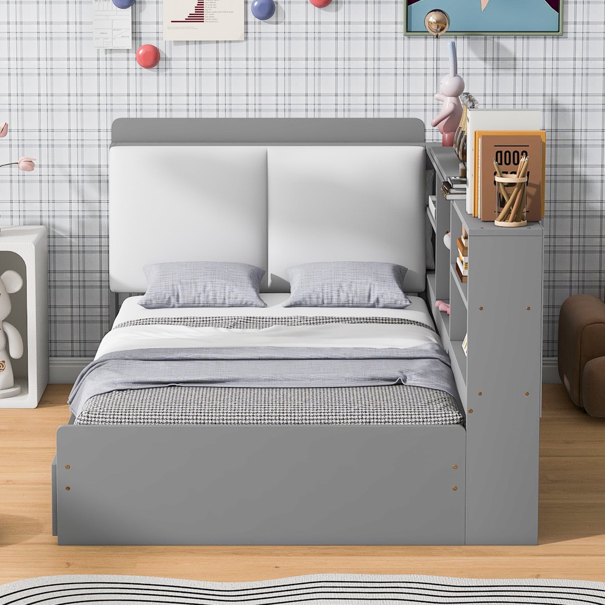 Euroco Wood Twin Platform Bed with Storage Headboard and Shelves, 2 Drawers Floor Bed for Kids Teens, Gray