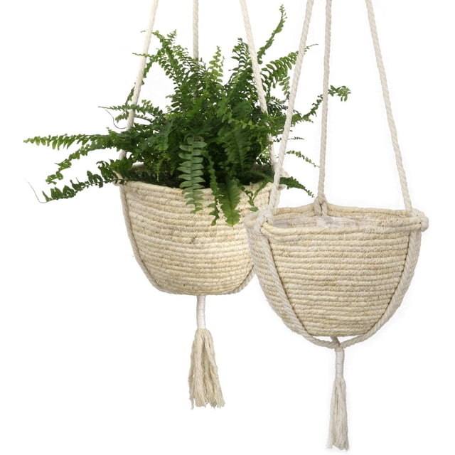 Cestas colgantes de pasto marino natural, macetas ecológicas para plantas de interior, tapa de maceta, cáscara de maíz, 25 cm x 16 cm, juego de 2