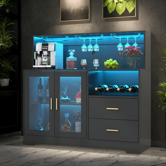 Wine Bar Cabinet with LED Light, Home Coffee & Liquor Storage Buffet with Wine Rack, Glass Rack, Drawers & Microwave Stand, Modern Cabinet for Living Room, Kitchen or Dining Room – Black