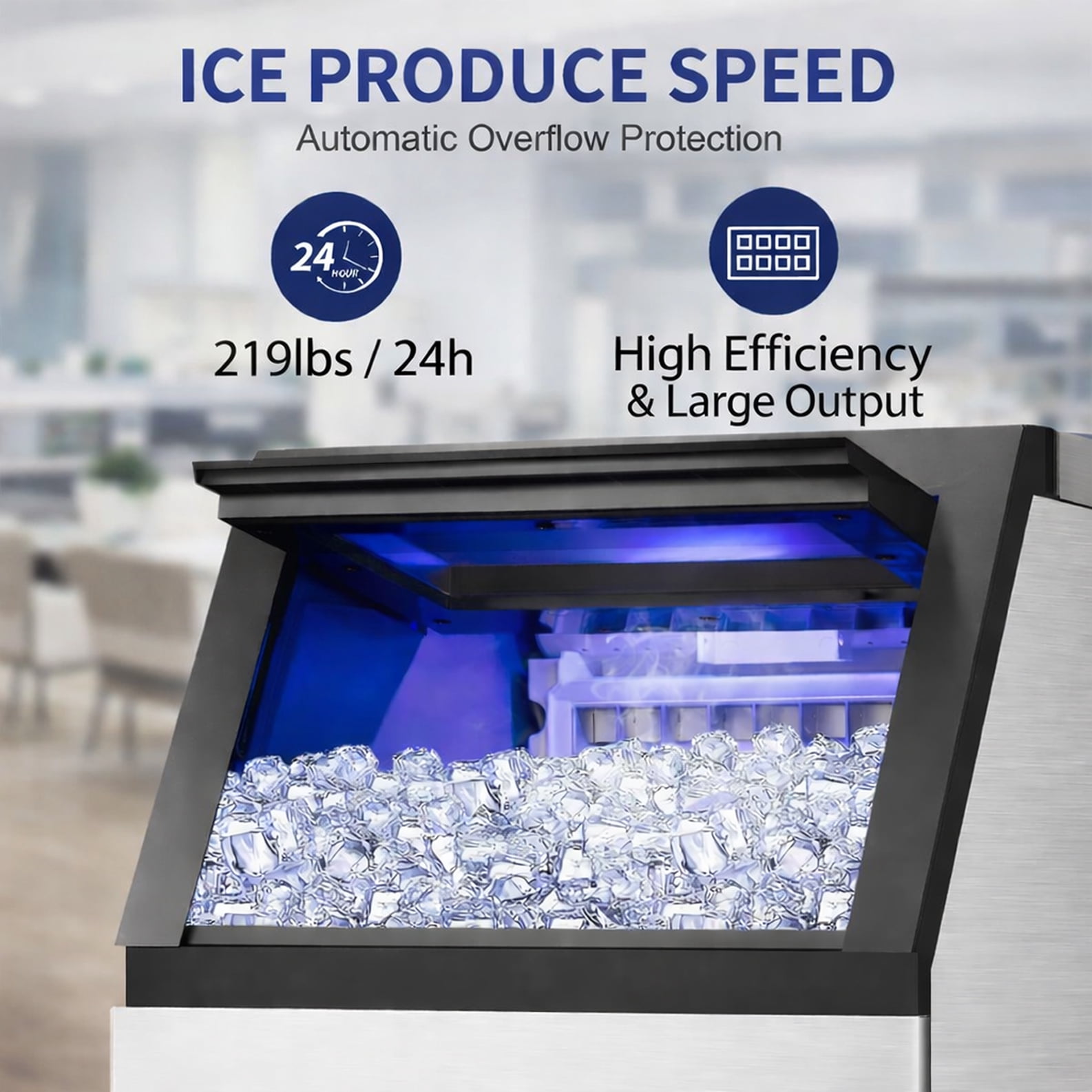 Commercial Ice Cube Maker Machine 219lbs 24hrs, 26'' Flip-up Door for Commercial Use, NSF ETL