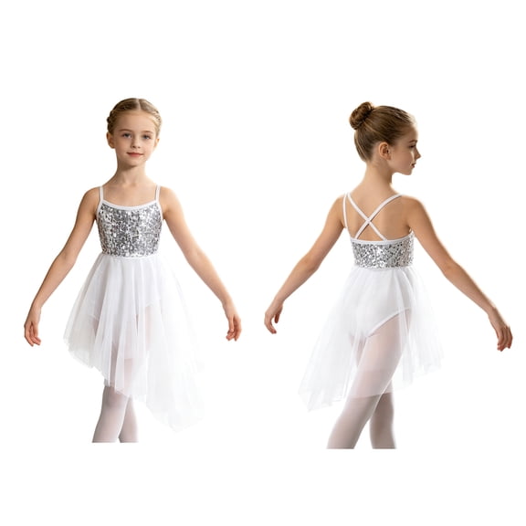 Aislor Girls Sequined Camisole Ballet Dance Tutu Dress Gymnastic Leotard Asymmetrical Skirt Ivory XL