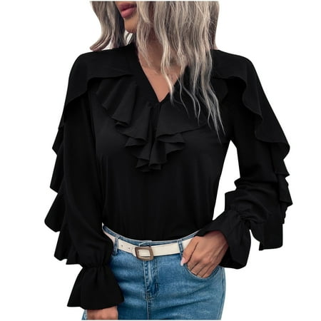 

Women Fashion Comfortable Solid Color Long Sleeves V-Neck Top Blouse oversized hoodie for women maternity shirts Black XL