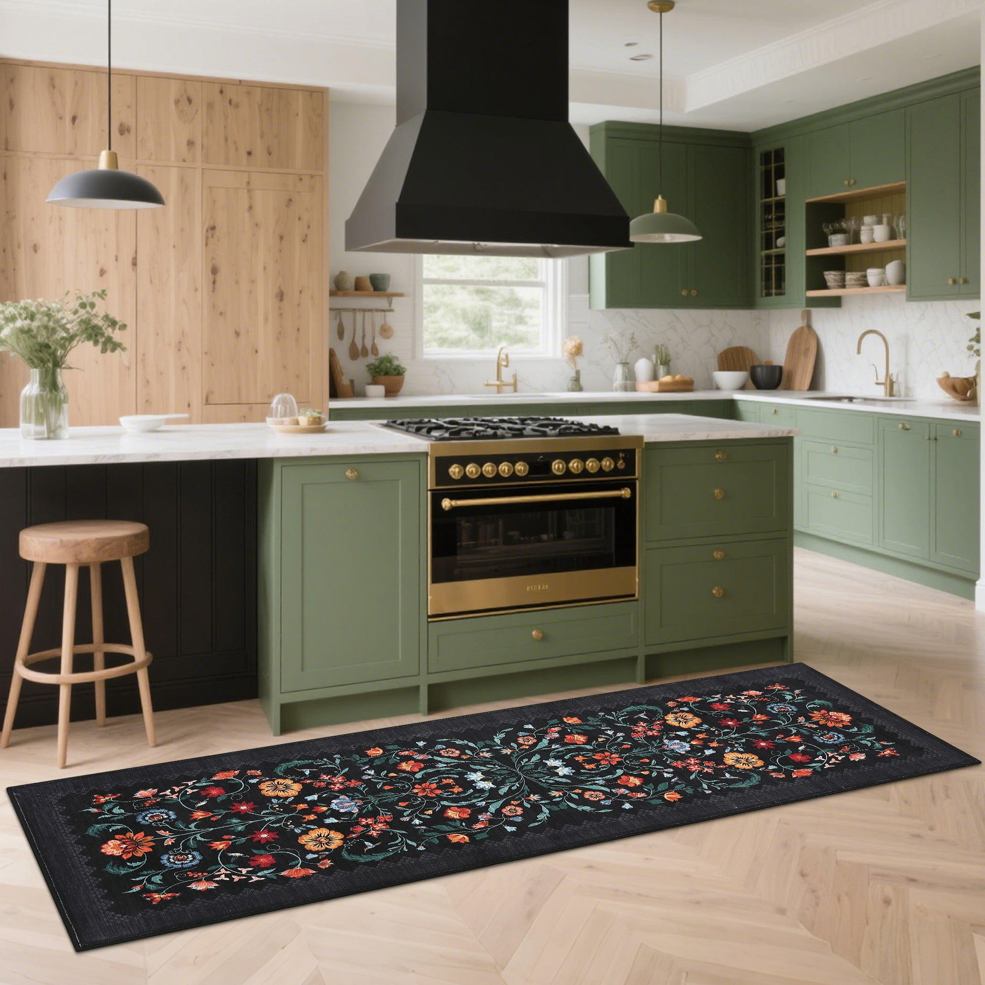 Garvee 2'x6' Floral Printed Runner Rug Vintage Soft Rug, Washable Low Pile Rug Stain Resistant Farmhouse Indoor Carpets with Non Slip Backing for Hallway Bedroom Playroom, Black