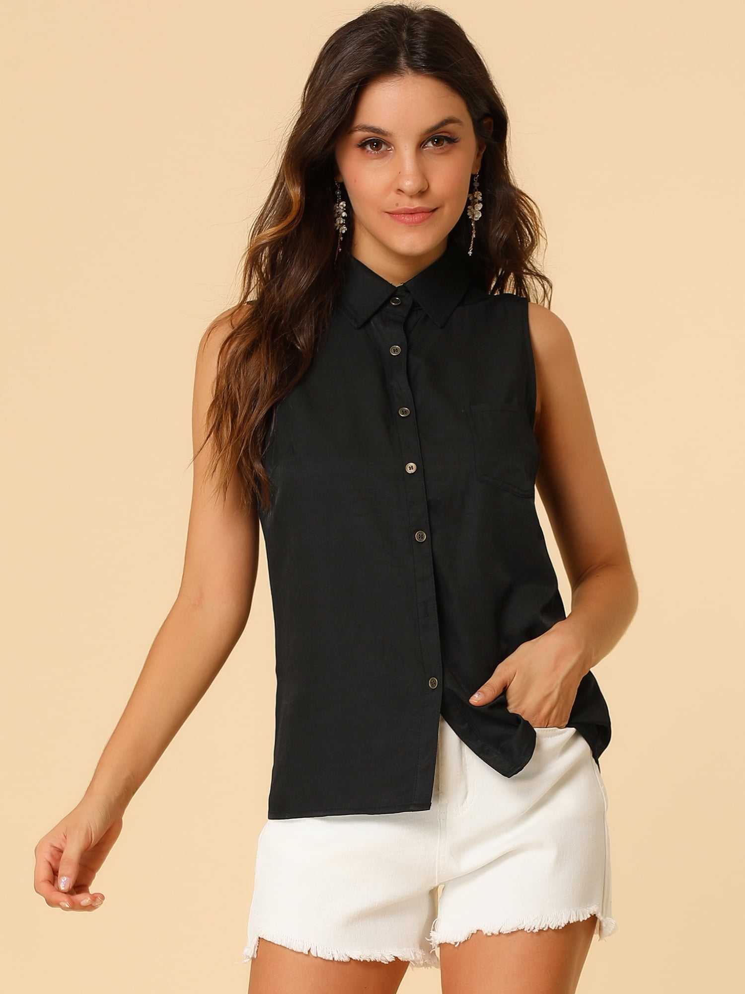 DARING DIVA Women's Single Breasted Point Collar Sleeveless Shirt XL Raven Black