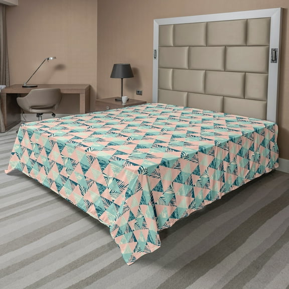 Ambesonne Tropical Flat Sheet, Pastel Contemporary Palms, King Size, Pale Pink and Petrol Blue