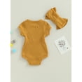 thumbnail image 4 of Caoirhny Baby Girl 2 Piece Outfits Solid Color Short Sleeve Romper with Bow Headband Set Summer Clothes, 4 of 9