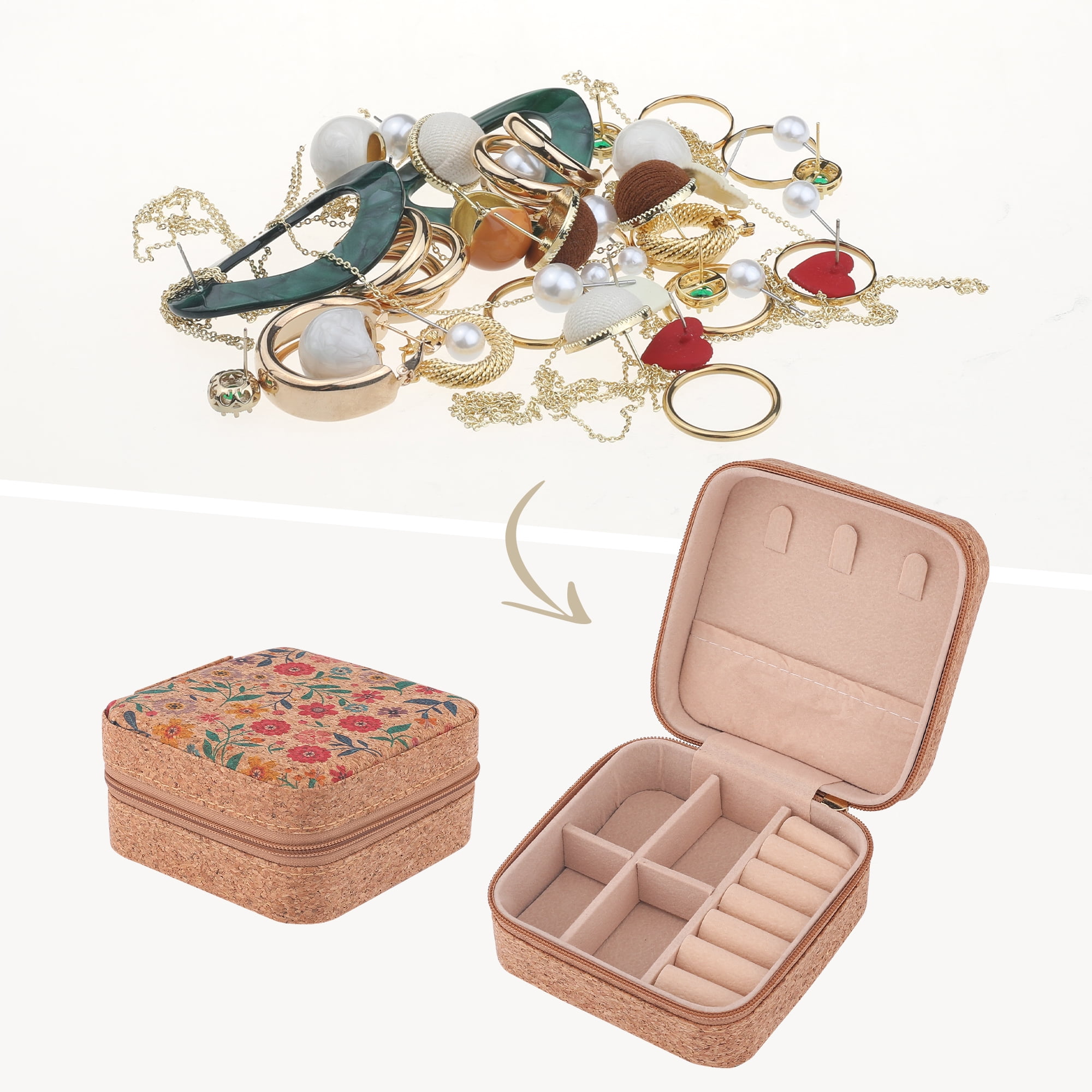 Unique Bargains Vintage Mini PU Leather Jewelry Box with Zipper Brown Flower Pattern