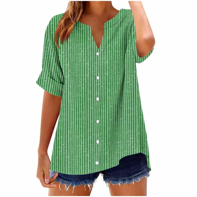 Camisetas Casuales de Manga Corta con Cuello en V Impreso Botón de Verano Suelto Y de Moda