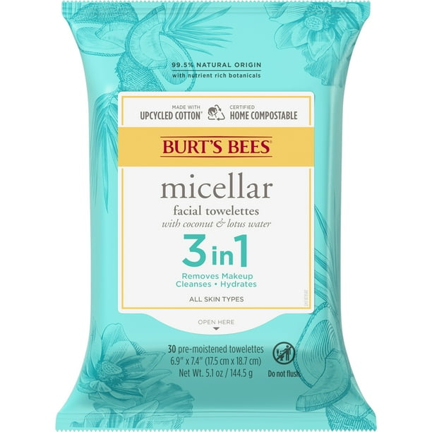 Burt's Bees Micellar Face Wipes, Coconut and Lotus Water, 30 Count