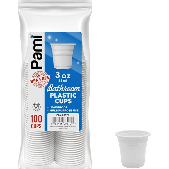 PAMI 3oz Disposable Plastic Bathroom Cups 100 pack, White Leakproof BPA-Free Mini Mouthwash Rinse Cups