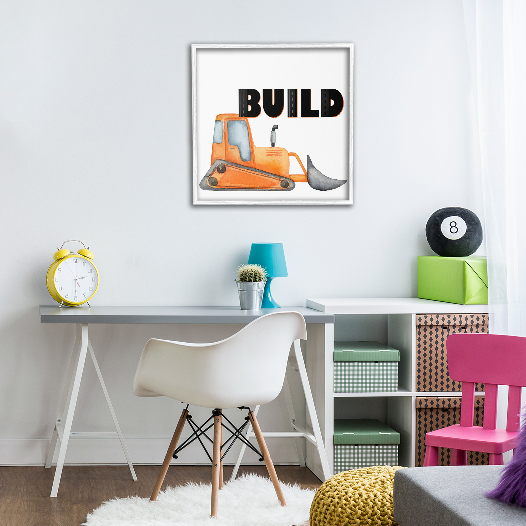 Build with Orange Bulldozer White Framed Giclee Art, design by Kim Allen