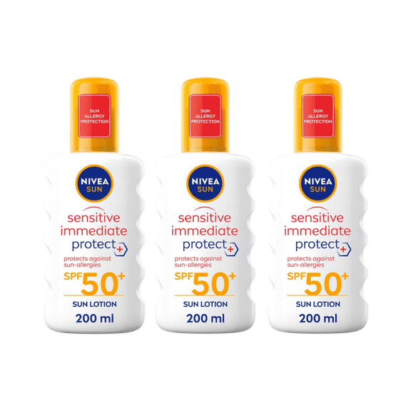 Nivea Sun Sensitive Immediate Protect Sun Cream Spray SPF50 200ml / 6.8 fl.oz - 3 Pack