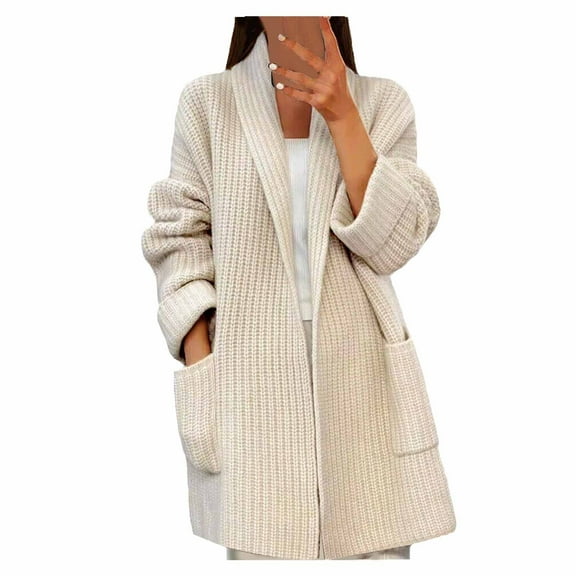tklpehg Womens Sweaters Open Front cardigan Sweaters Jacket With Pocket Solid Color Loose Leisure Long Sleeve Overcoat Fall Coat Outwear White M
