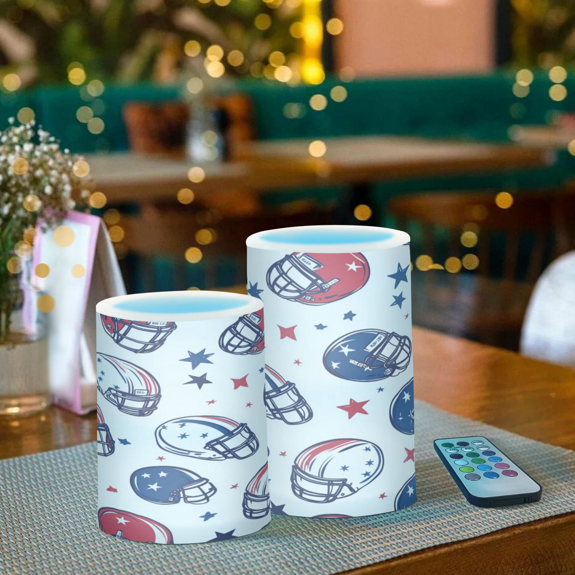 Yayeee Flameless Candles with Remote Flickering Battery Operated Multi Color Changing, Cartoon American Football Helmets