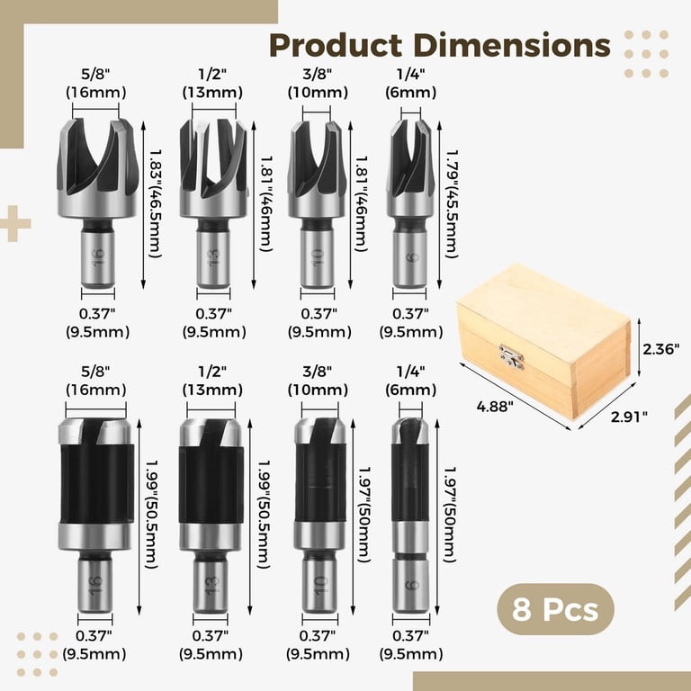 Wood Plug Cutter Drill Bit Set – 8-Pack Straight & Tapered, 4 Sizes (5/8” To 1/4”), Hex Shank, Black Carbon Steel For DIY Woodworking