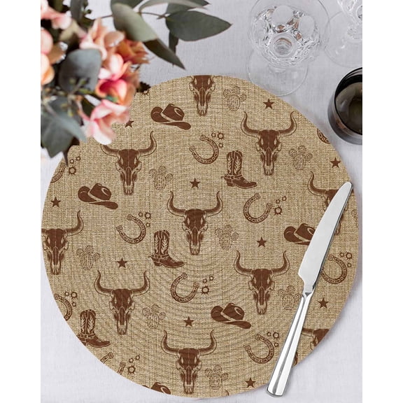 13 Inch Round Placemats Set of 6, Brown Cow Skull Non Slip Heat Insulation PP Table Mats, Southwestern Vintage Cowboy Boots Burlap Washable Place Mats for Kitchen Dining Party Table Decor