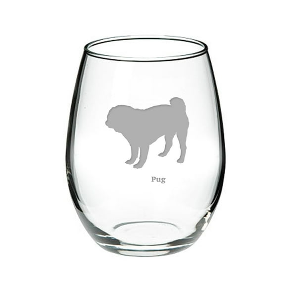 Pug Deep Etched Stemless Red Wine Glass