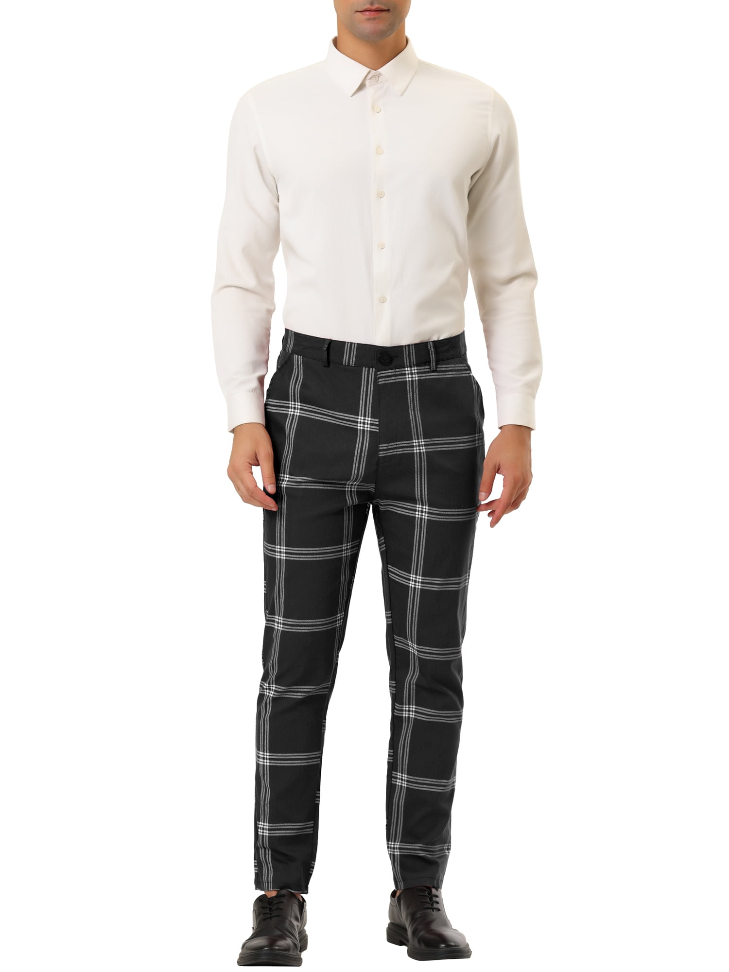 Unique Bargains Men's Business Plaid Pants Casual Slim Fit Flat Front Checked Trousers 30 Black